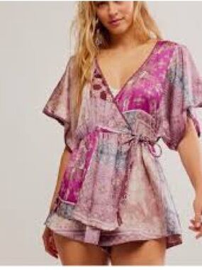 Free People Intimately Oasis Satin Faux Wrap Romper in Dawn Pink Combo size M
